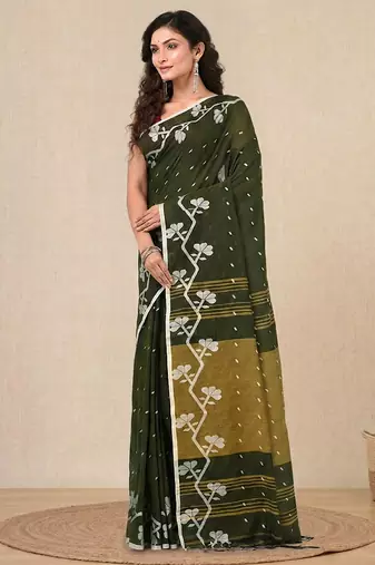 green geometric motifs cotton blend handspun soft saree