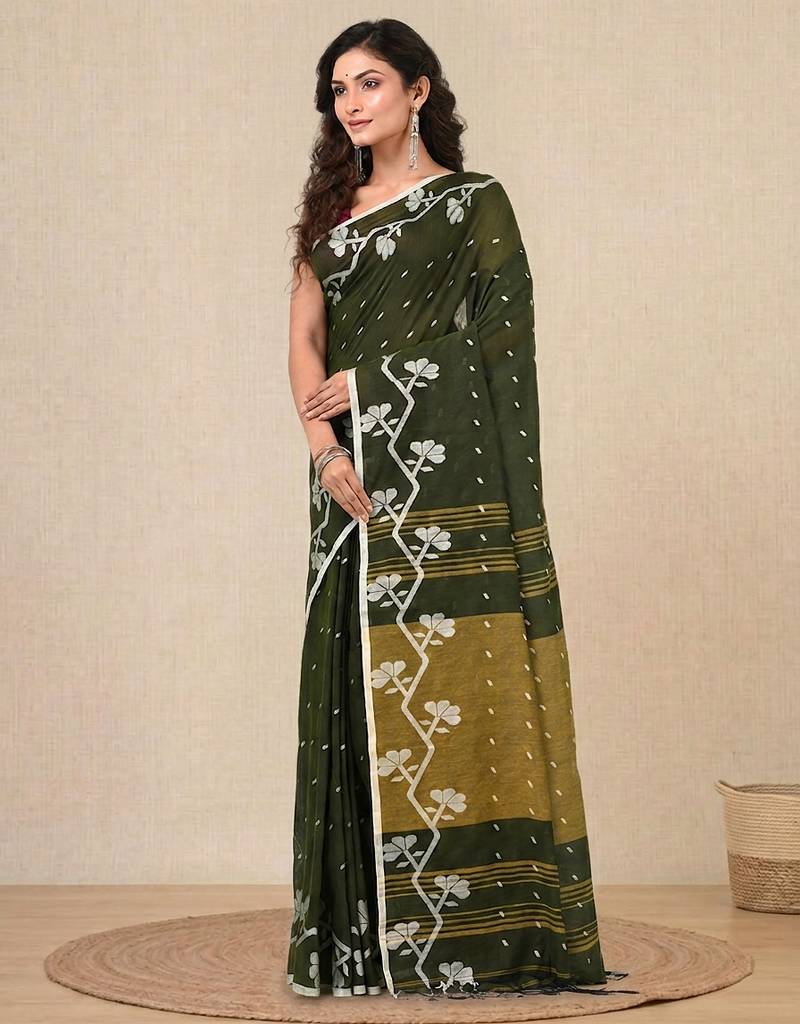 green geometric motifs cotton blend handspun soft saree