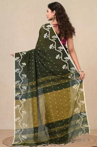 green geometric motifs cotton blend handspun soft saree