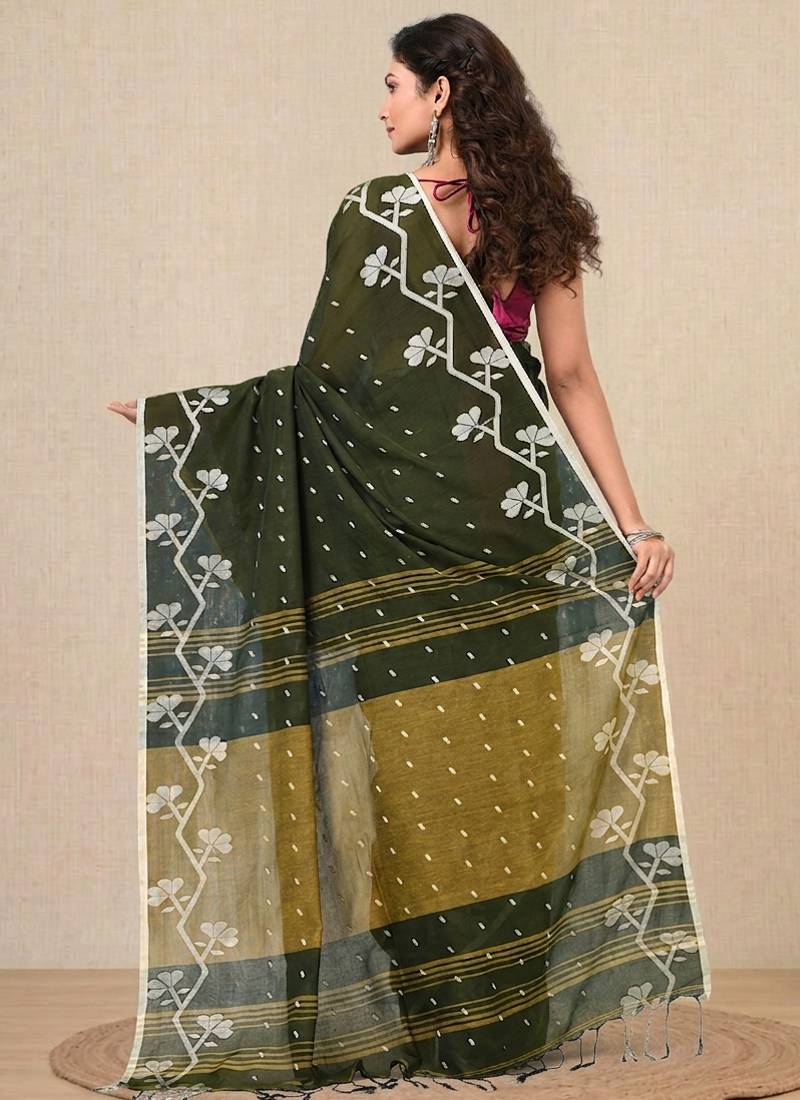 green geometric motifs cotton blend handspun soft saree