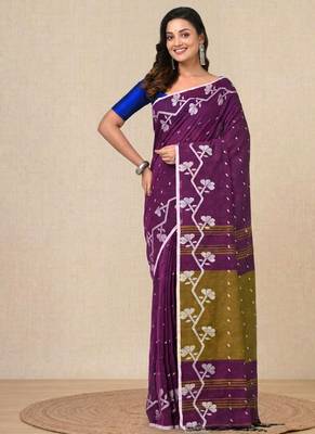 violet geometric motifs cotton blend handspun soft saree 1