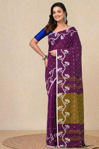 violet geometric motifs cotton blend handspun soft saree