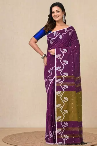 violet geometric motifs cotton blend handspun soft saree