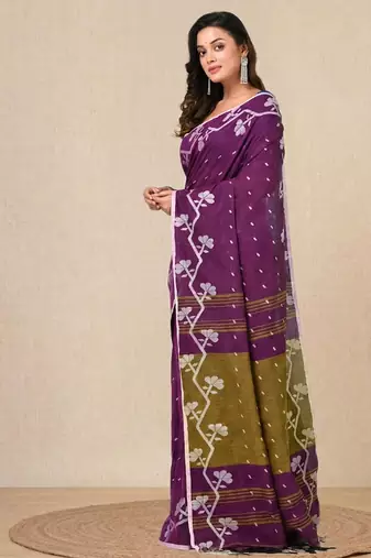 violet geometric motifs cotton blend handspun soft saree