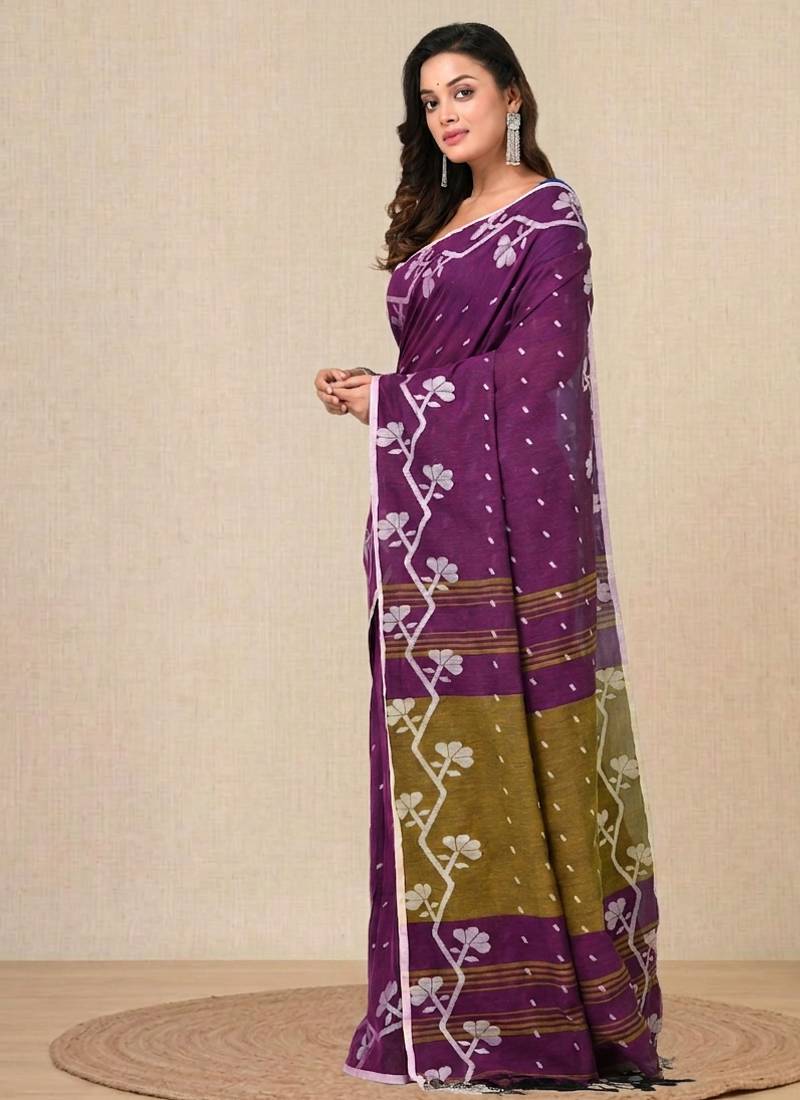 violet geometric motifs cotton blend handspun soft saree