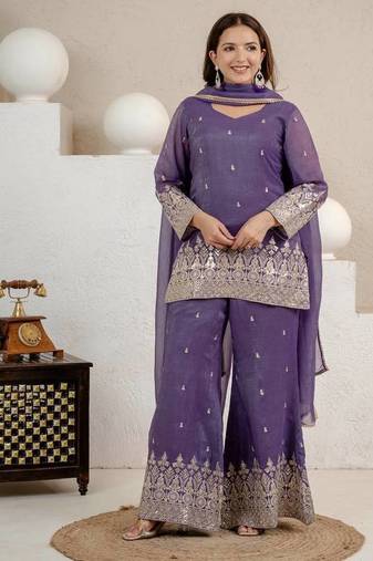 Purple Color Sequence And Embroidery Work Silk Blend Salwar Suit