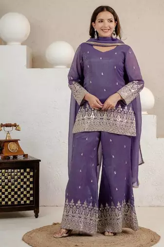 Purple Color Sequence And Embroidery Work Silk Blend Salwar Suit