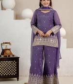 Purple Color Sequence And Embroidery Work Silk Blend Salwar Suit
