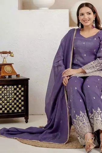 Purple Color Sequence And Embroidery Work Silk Blend Salwar Suit