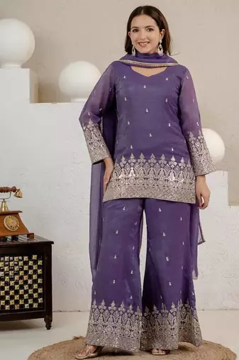 Purple Color Sequence And Embroidery Work Silk Blend Salwar Suit
