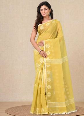 yellow printed cotton blend handspun soft saree 1