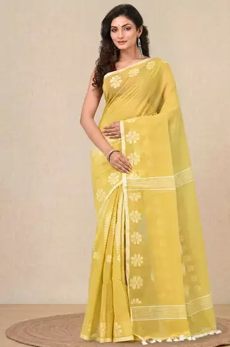 yellow printed cotton blend handspun soft saree