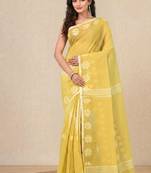 yellow printed cotton blend handspun soft saree