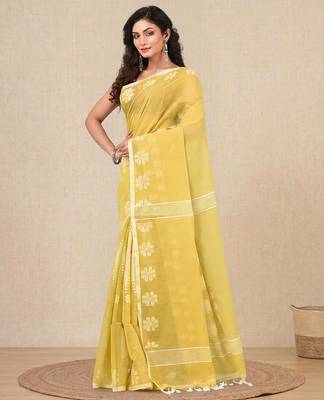yellow printed cotton blend handspun soft saree 2