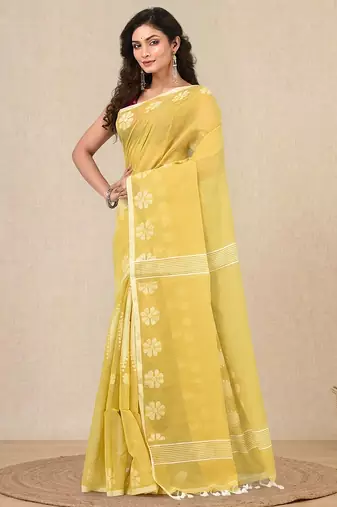 yellow printed cotton blend handspun soft saree