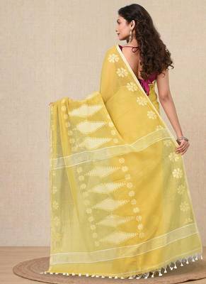 yellow printed cotton blend handspun soft saree 3