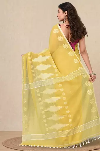 yellow printed cotton blend handspun soft saree