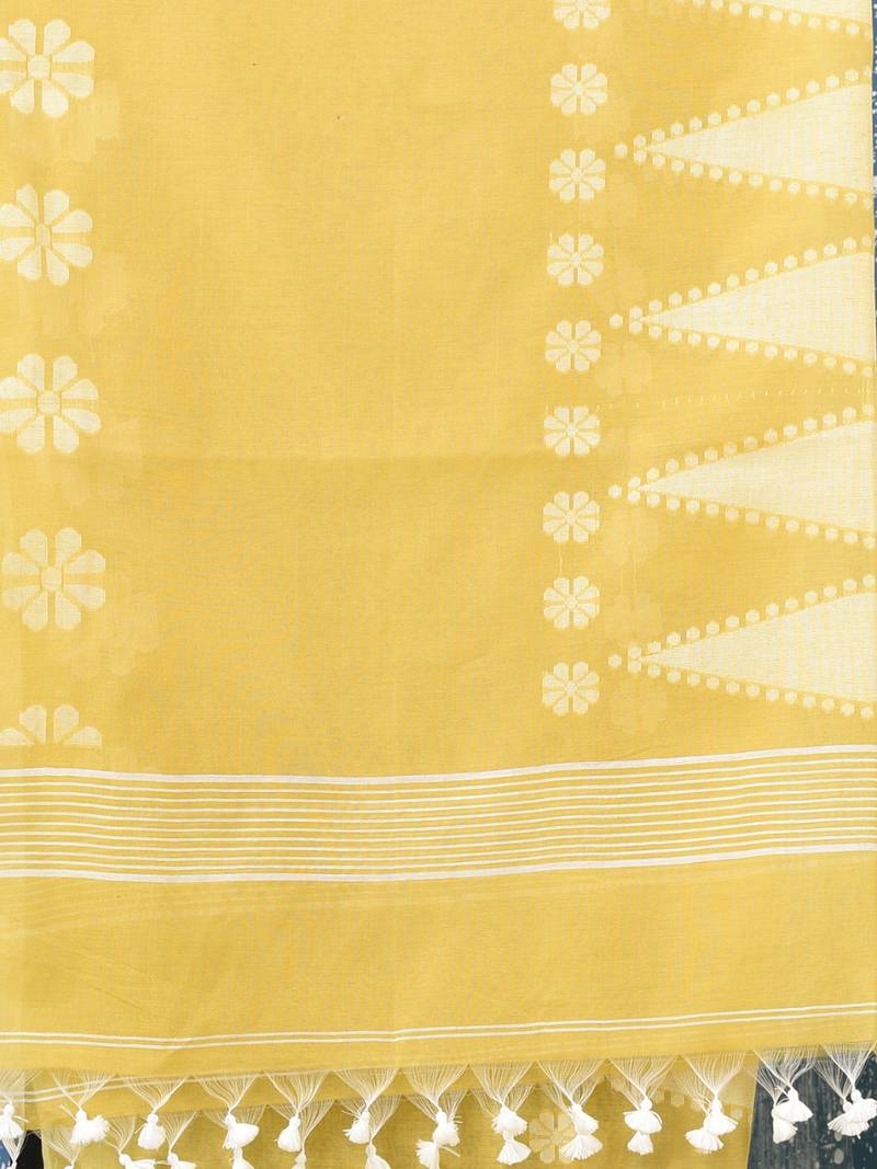 yellow printed cotton blend handspun soft saree