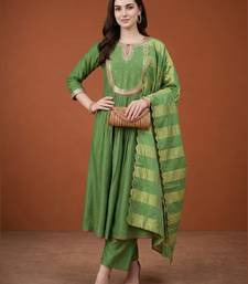 Embroidered Chanderi Flared Kurta Pant and Dupatta Set
