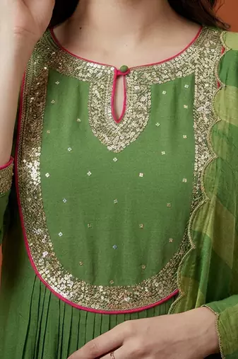 Embroidered Chanderi Flared Kurta Pant and Dupatta Set