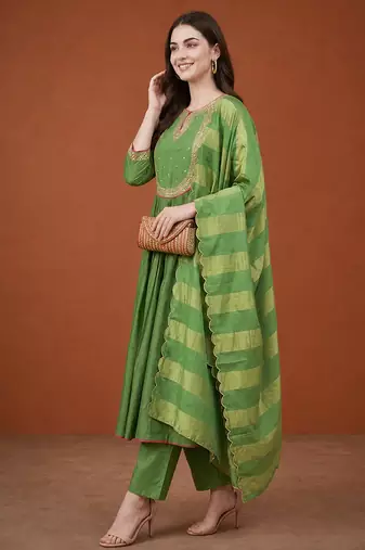 Embroidered Chanderi Flared Kurta Pant and Dupatta Set
