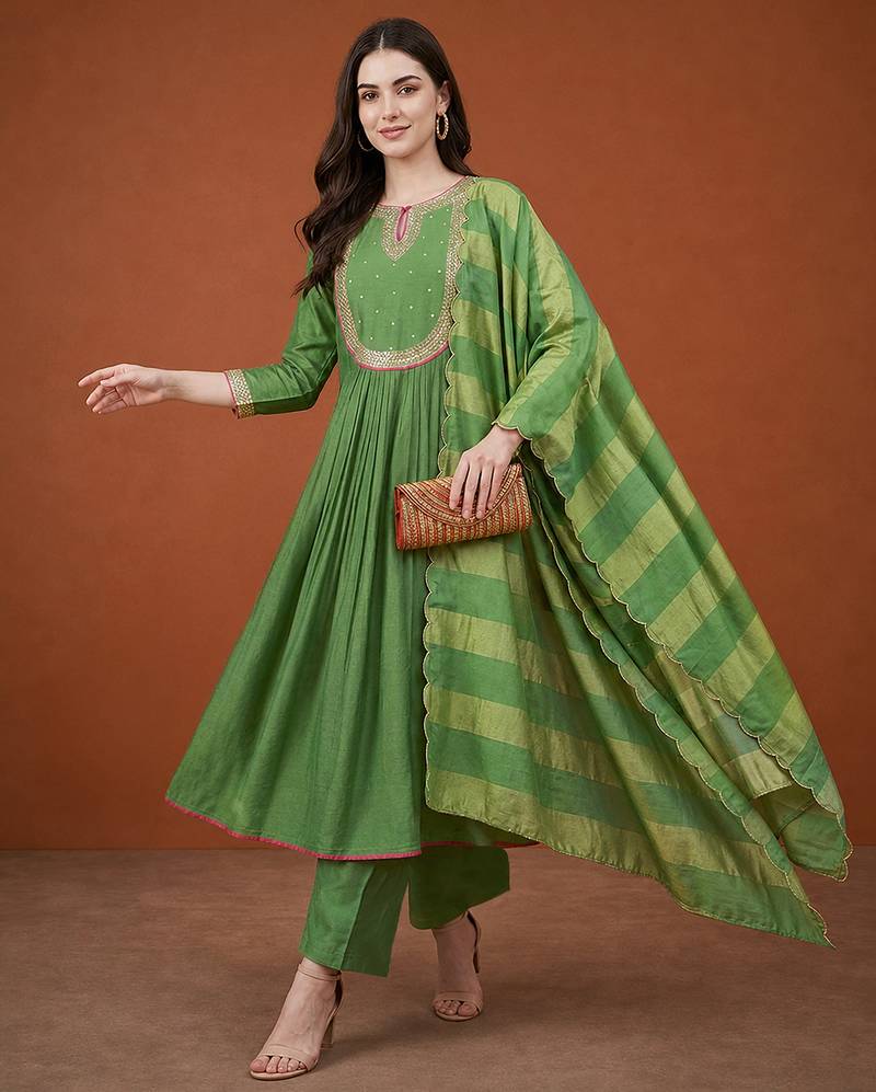 Embroidered Chanderi Flared Kurta Pant and Dupatta Set