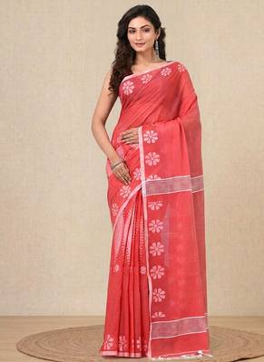 red printed cotton blend handspun soft saree 1