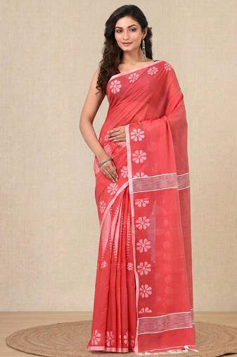 red printed cotton blend handspun soft saree