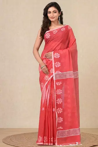 red printed cotton blend handspun soft saree
