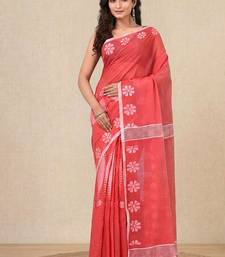 red printed cotton blend handspun soft saree