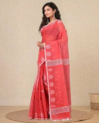 red printed cotton blend handspun soft saree 2