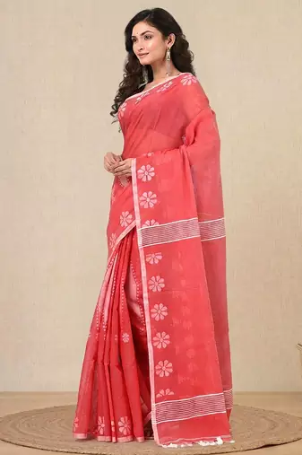 red printed cotton blend handspun soft saree