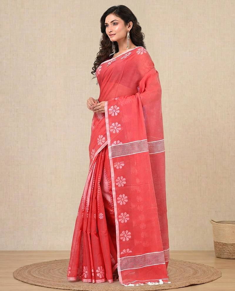 red printed cotton blend handspun soft saree
