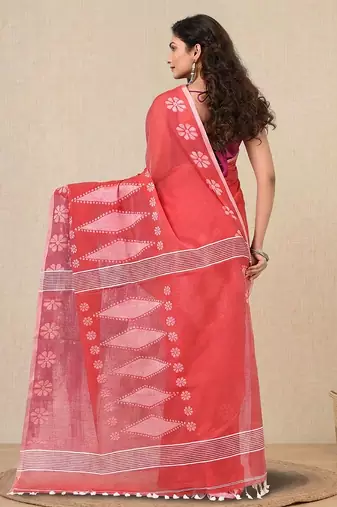 red printed cotton blend handspun soft saree