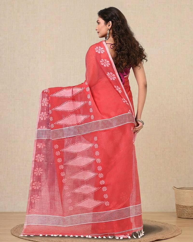 red printed cotton blend handspun soft saree