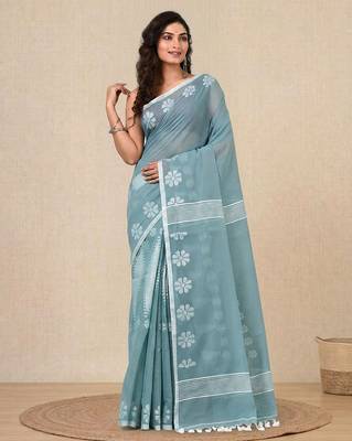 aqua blue printed cotton blend handspun soft saree 1