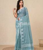 aqua blue printed cotton blend handspun soft saree