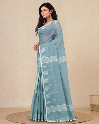 aqua blue printed cotton blend handspun soft saree 2