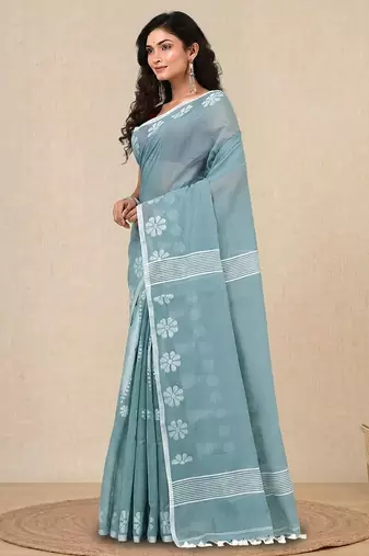 aqua blue printed cotton blend handspun soft saree