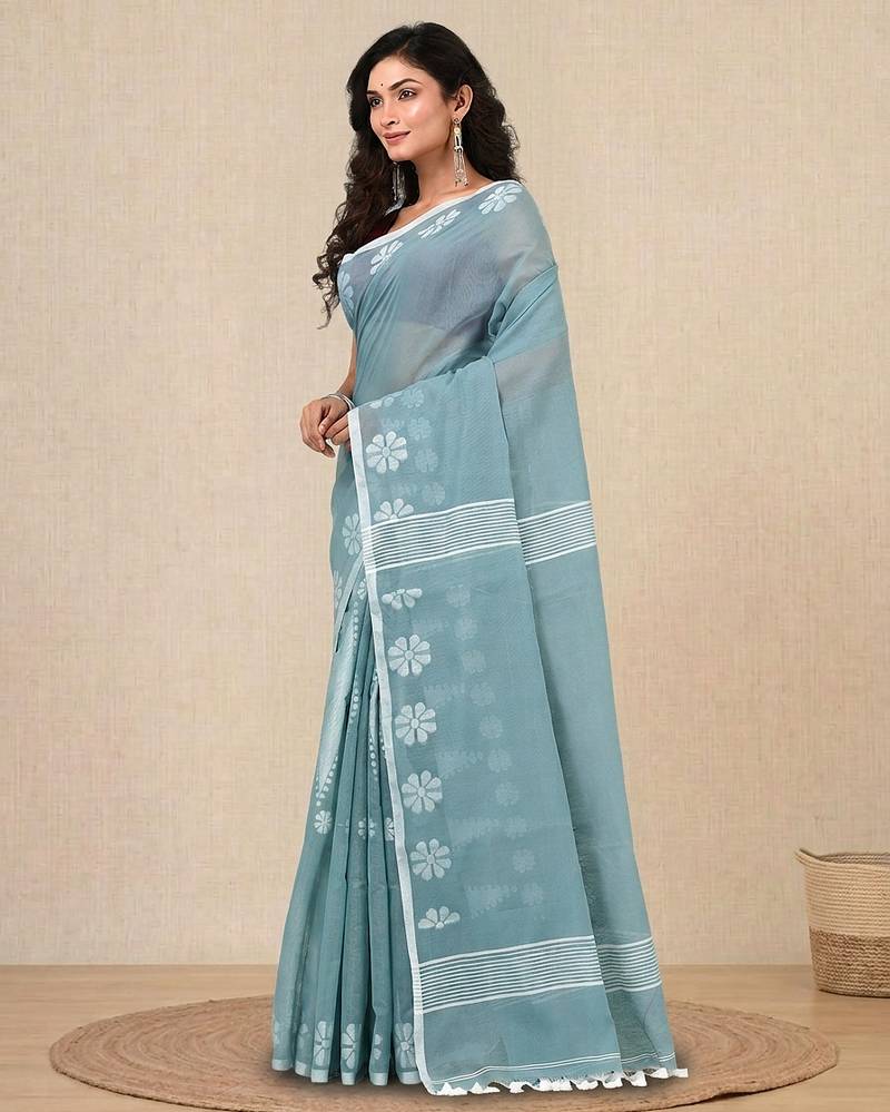 aqua blue printed cotton blend handspun soft saree