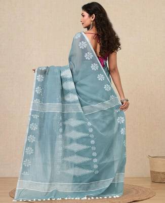 aqua blue printed cotton blend handspun soft saree 3