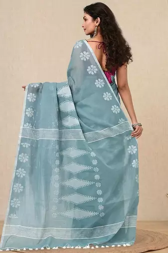 aqua blue printed cotton blend handspun soft saree