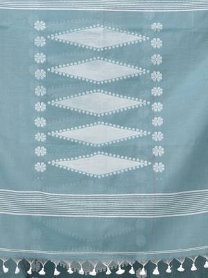 aqua blue printed cotton blend handspun soft saree 4