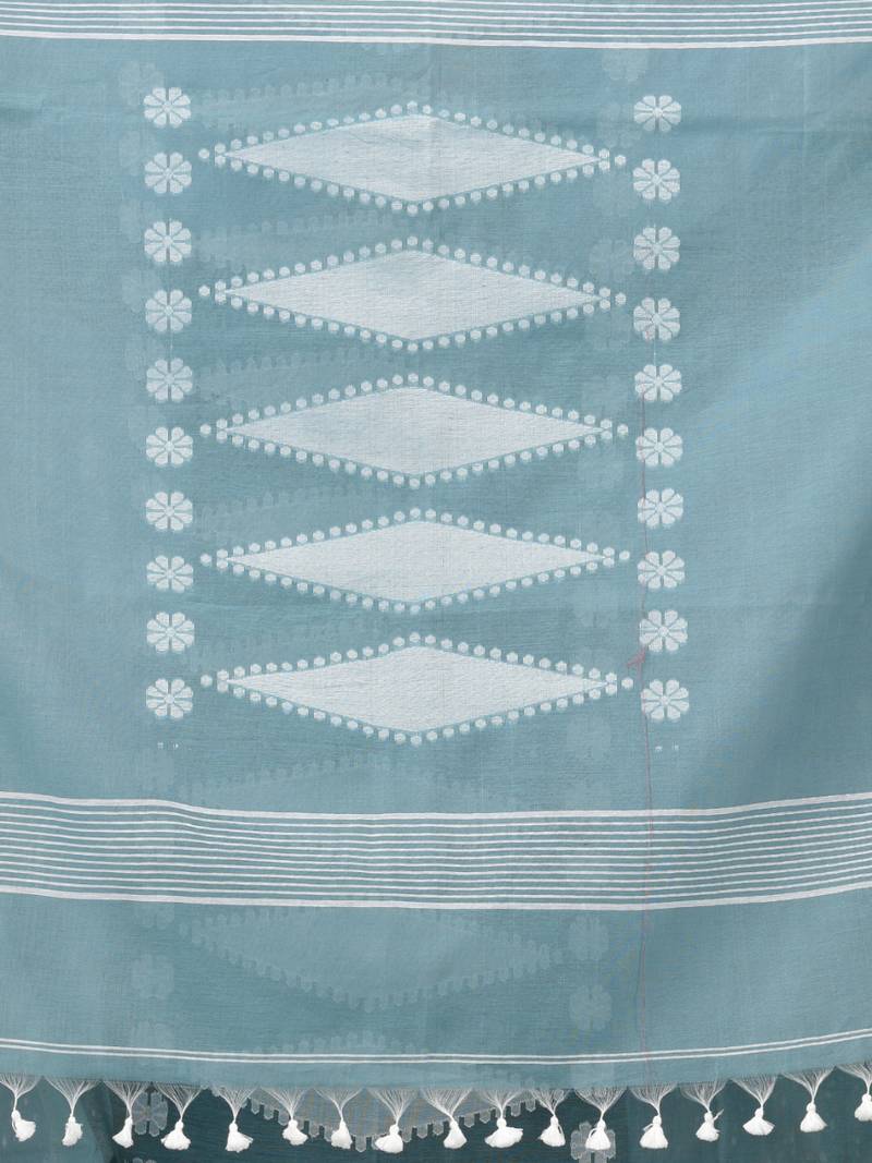 aqua blue printed cotton blend handspun soft saree