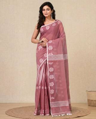 nude pink printed cotton blend handspun soft saree 1