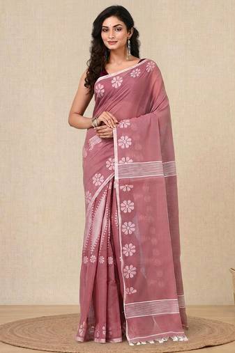 nude pink printed cotton blend handspun soft saree