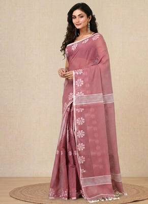 nude pink printed cotton blend handspun soft saree 2