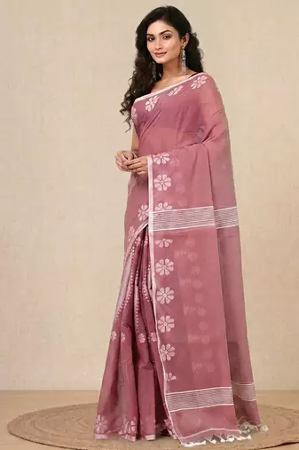 nude pink printed cotton blend handspun soft saree