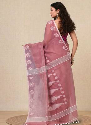 nude pink printed cotton blend handspun soft saree 3