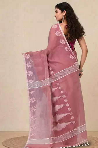 nude pink printed cotton blend handspun soft saree